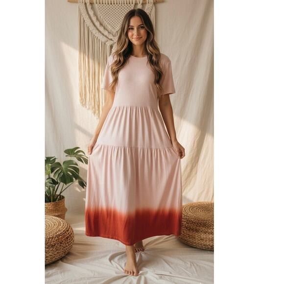 Free People Dress Maxi Womens Small Ombre Short Sleeve Tiered Boho Pink Orange - Picture 1 of 9